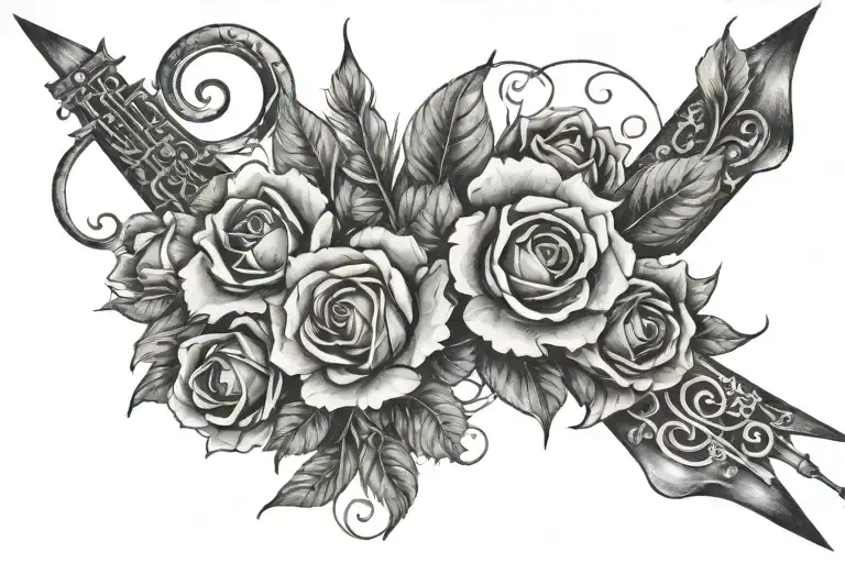 music notes windmill dutch style roses wrapped tattoo design idea