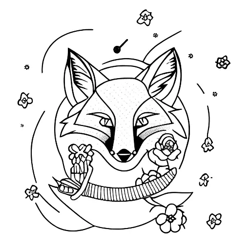 A minimalist tattoo of a fox with a karaoke microphone singing among a field of flowers tattoo design idea