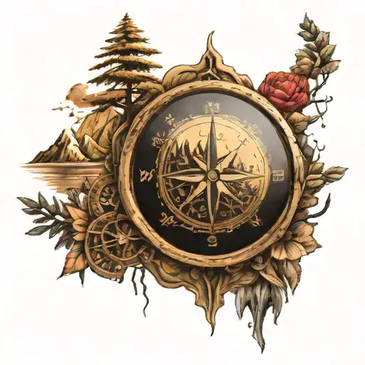 mountains in the background, compass, symbols of overcoming fears and insecurities, trees, symbols of enlightenment tattoo design idea