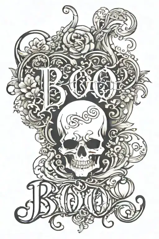 I want a design for the word BOO. The word needs to be formed like the body of a ghost. In a calligraphy way of writing. tattoo design idea