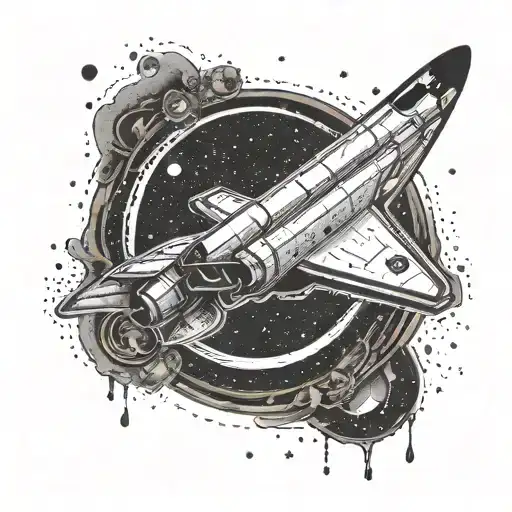 A dotwork tattoo of a space shuttle flying through a coffee ring tattoo design idea