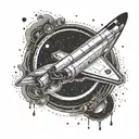 A dotwork tattoo of a space shuttle flying through a coffee ring tattoo design idea