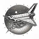 A dotwork tattoo of a space shuttle flying through a coffee ring tattoo design idea