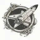 A dotwork tattoo of a space shuttle flying through a coffee ring tattoo design idea