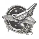 A dotwork tattoo of a space shuttle flying through a coffee ring tattoo design idea