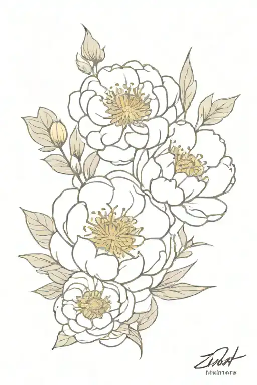Bouquet of buttercup, zinnia, peony, and marigold flower fine line  tattoo design idea