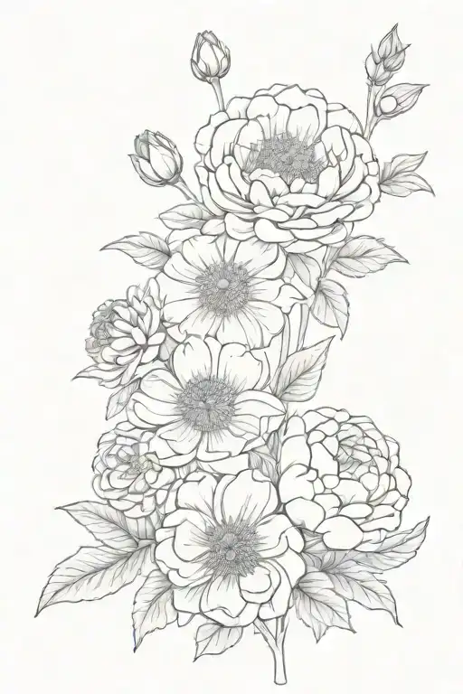 Bouquet of buttercup, zinnia, peony, and marigold flower tattoo design idea