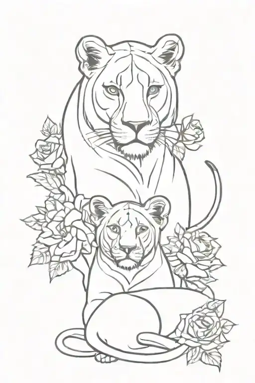lioness & 3 cubs intertwined with roses tattoo design idea