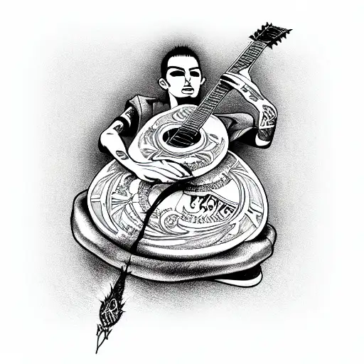 punk sceleton holding guitar mediator tattoo design idea