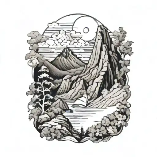 A majestic mountain landscape with a hidden Greek mythological creature lurking in the shadows tattoo design idea