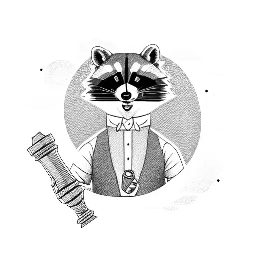 A cosmic raccoon wearing a suit and holding a gavel tattoo design idea