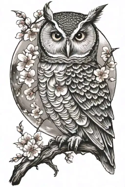 moon with a cute owl and cherry blossoms tattoo design idea