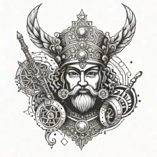 Create a tattoo design featuring a Persian king or queen from history surrounded by musical notes and instruments tattoo design idea