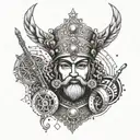 Create a tattoo design featuring a Persian king or queen from history surrounded by musical notes and instruments tattoo design idea