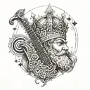 Create a tattoo design featuring a Persian king or queen from history surrounded by musical notes and instruments tattoo design idea