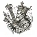 Create a tattoo design featuring a Persian king or queen from history surrounded by musical notes and instruments tattoo design idea