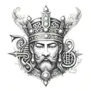 Create a tattoo design featuring a Persian king or queen from history surrounded by musical notes and instruments tattoo design idea