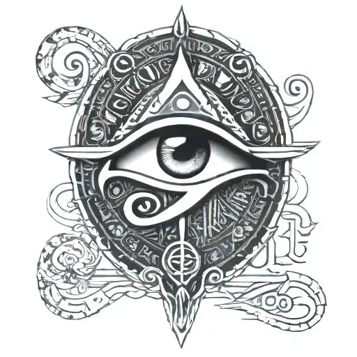 An intricate blackwork tattoo of the Eye of Horus surrounded by Egyptian hieroglyphics tattoo design idea