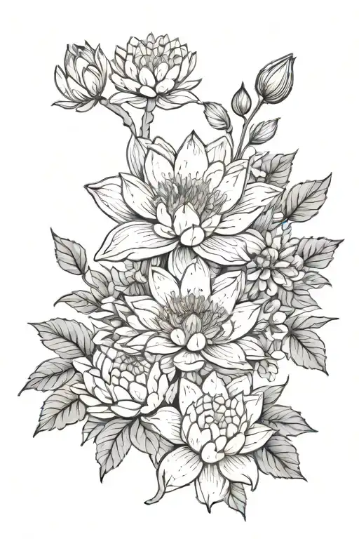 cosmo, water lily and chrysanthemum bouquet fine line tattoo design idea