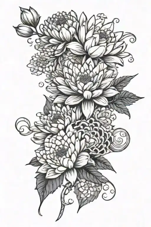 cosmo, water lily and chrysanthemum bouquet wrapped tattoo design idea