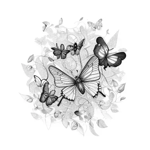 A bouquet of flowers and butterflies intertwined with vines tattoo design idea