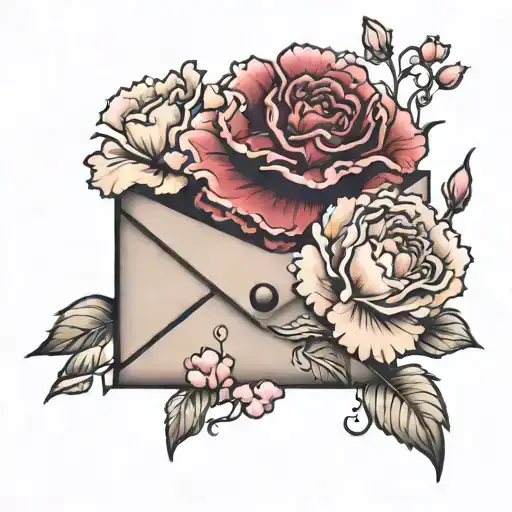 envelope with garnet and pink carnations tattoo design idea