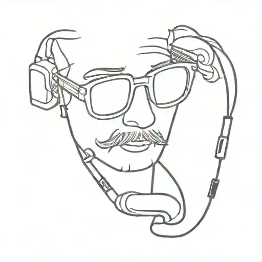phone with earphones and pair of glasses surrounded tattoo design idea
