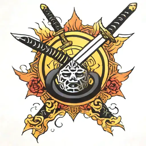 sun with a japanese sword and a pen crossing it and the charecter 自 in the middle tattoo design idea