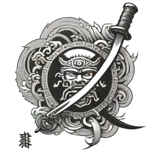 sun with a japanese sword and a pen crossing it and the japanese kanji for self   in the middle tattoo design idea