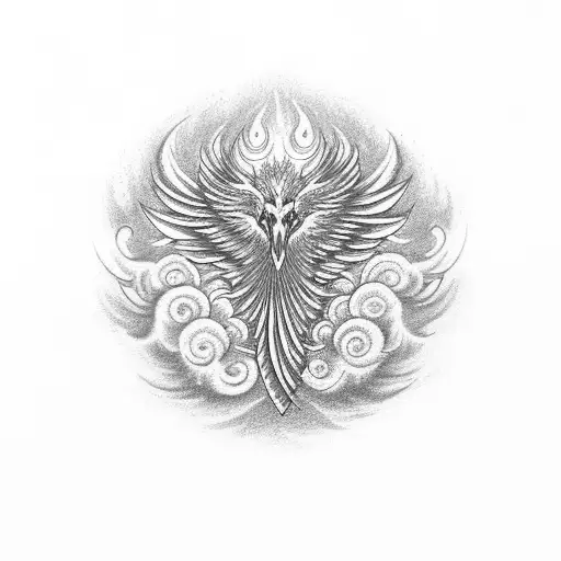 A dotwork tattoo depicting a majestic phoenix rising from flames, with a subtle knife and fork incorporated into the design tattoo design idea