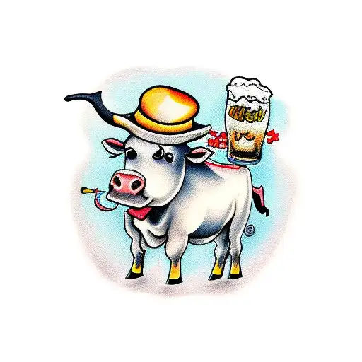 cow with beer in a car tattoo design idea