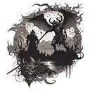 Create a tattoo featuring a battle scene between demons and warriors in a valley setting tattoo design idea