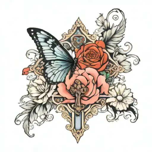 cross, flowers, butterfly, feminine tattoo design idea