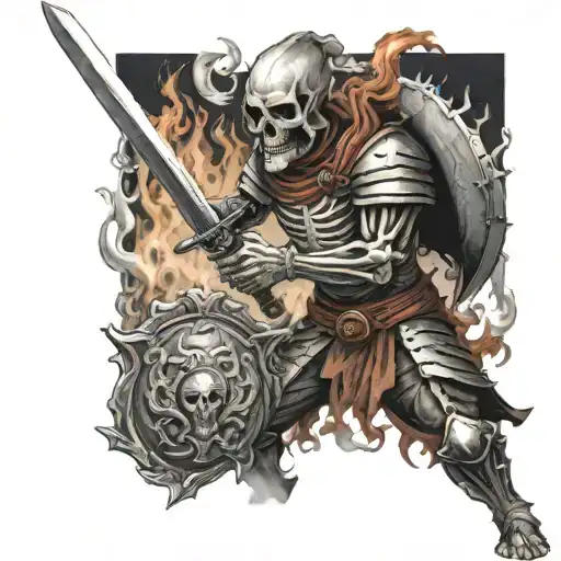 skelton warrior wielding a sword and shield coming out of burning flames brave and aggressive like a warriror poet  tattoo design idea