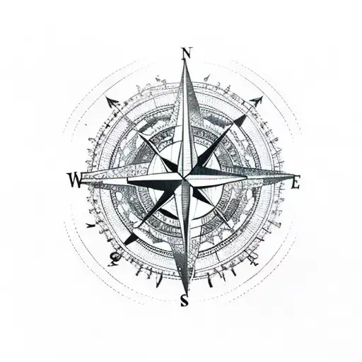 compass and chart and ship and mountain and windswept pine tree  tattoo design idea