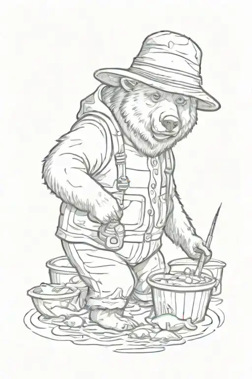 bear fisherman on an ice floe with a hat with earflaps, with a bucket of fish tattoo design idea
