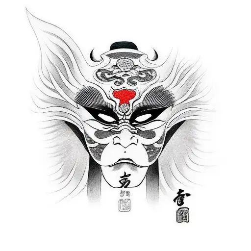 kabuki mask, with painted flames bellow tattoo design idea