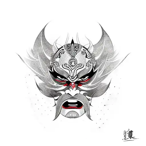 kabuki mask, with painted flames bellow tattoo design idea