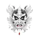 kabuki mask, with painted flames bellow tattoo design idea
