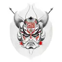 kabuki mask, with painted flames bellow tattoo design idea