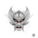 kabuki mask, with painted flames bellow tattoo design idea