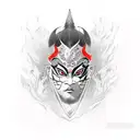 kabuki mask, with painted flames bellow tattoo design idea