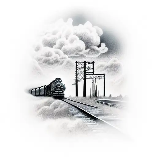 Train tracks that wrap around forearm with clouds as the backdrop tattoo design idea