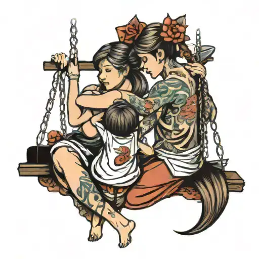 son mother daughter sitting with their backs on a swing tattoo design idea