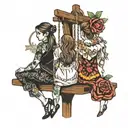 son mother daughter sitting with their backs on a swing tattoo design idea