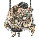 son mother daughter sitting with their backs on a swing tattoo design idea
