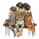 son mother daughter sitting with their backs on a swing tattoo design idea