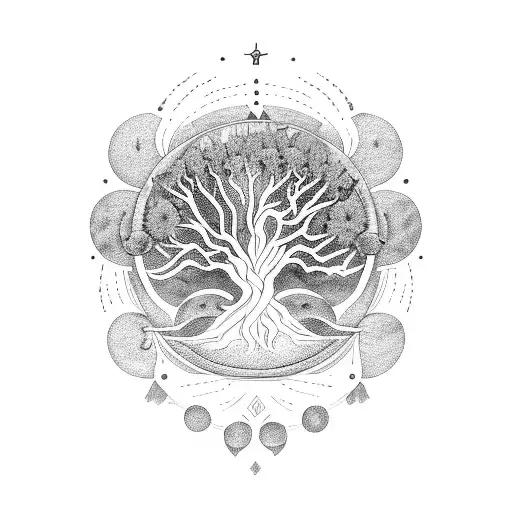 A mystical tree of life with a moon as its crown, guarded by a warrior in armor  tattoo design idea