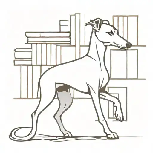 A whippet silhouette surrounded by floating books and literary symbols tattoo design idea