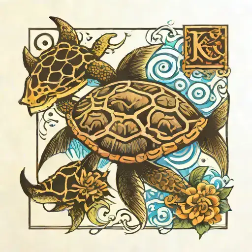 shark tooth and sea turtle with initials J, K and K inside  tattoo design idea